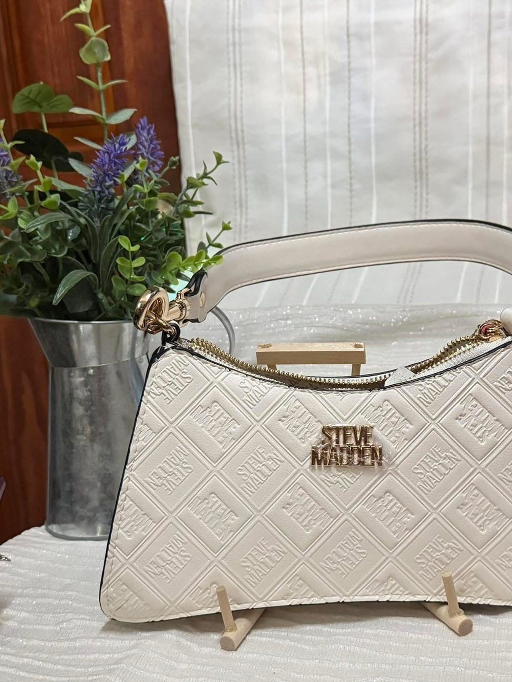 Steve Madden Cream Embossed Shoulder Bag with Gold Accents